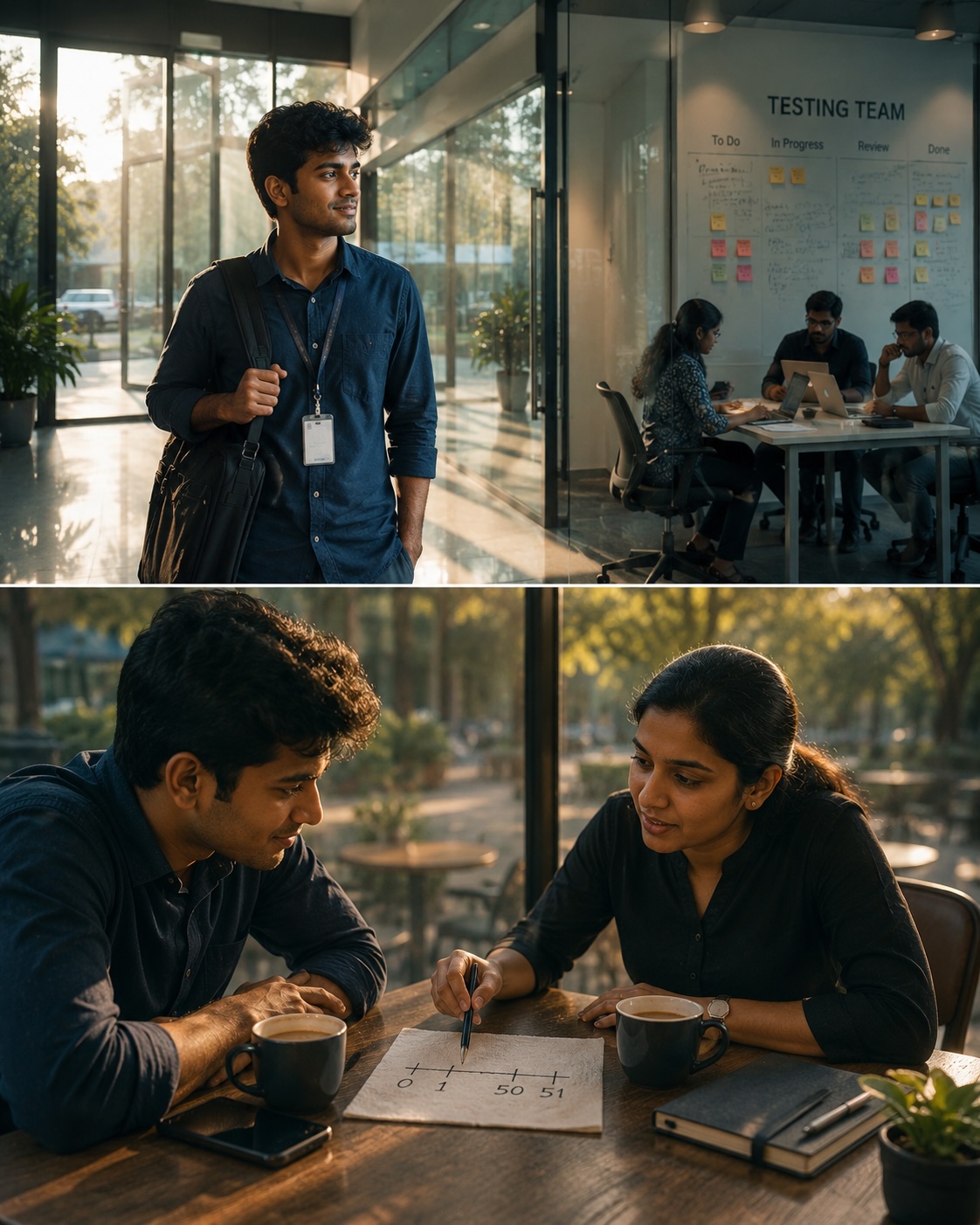 Arun on his first day eyeing the testing team's board; below, Arun and Meera at a café working through a boundary-testing number line over coffee.